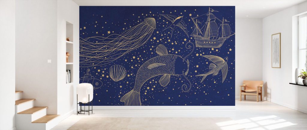 Papier peint baleine bleu foncé chambre enfant